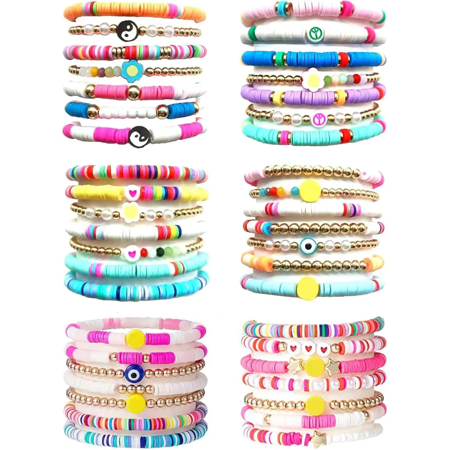 42 Heishi Surfer Bracelets Set for Women Colorful Preppy Heart Star Evil Eye Clay Beaded Stretch Bracelet Stackable Bohemian Elastic Layering Bracelet Cute Jewelry, Female