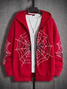 TikTokShopBacktoSchool Zip Up Graphic Spiderweb Print Long Sleeve Goth Hoodie Sweatshirt Jacket