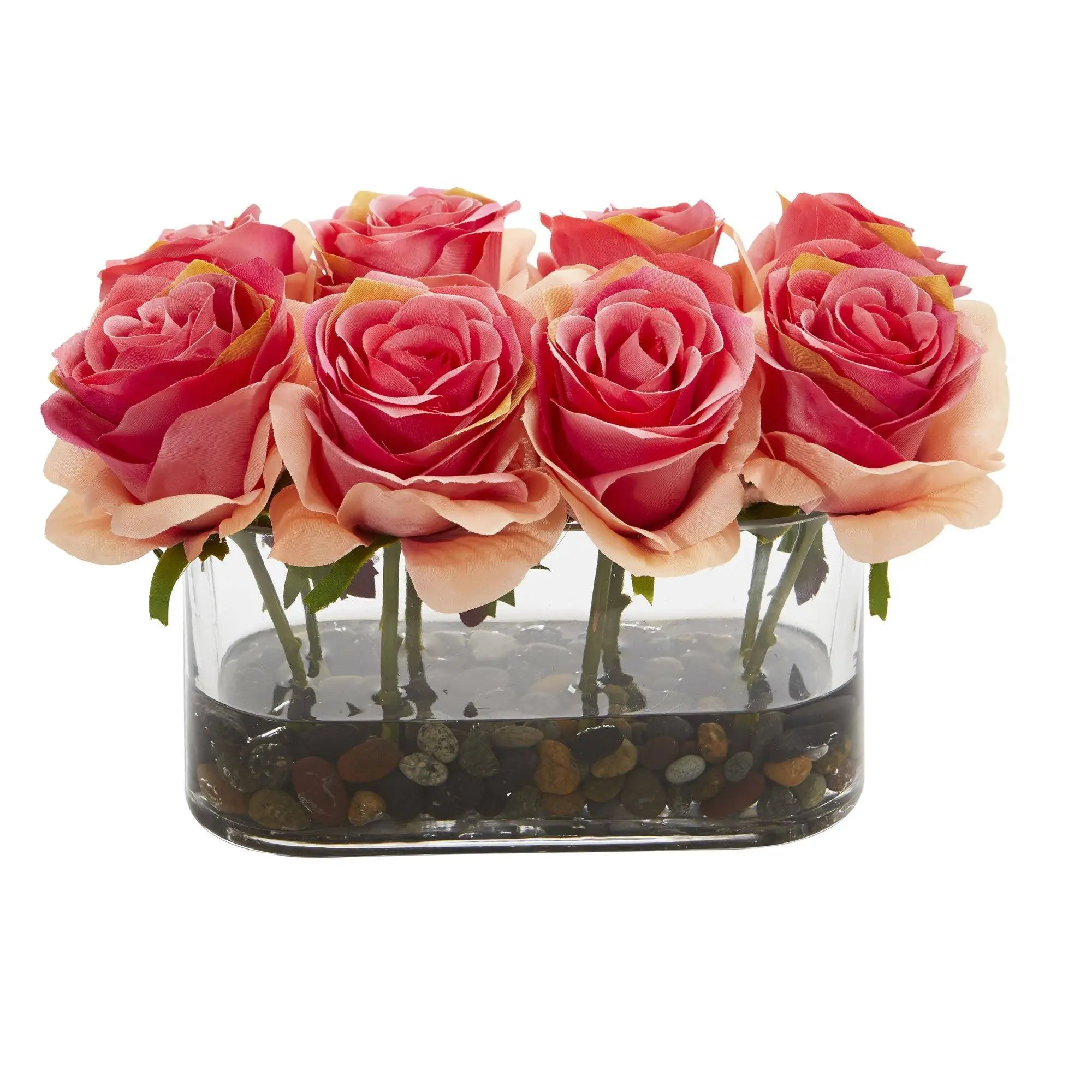 Decorative Artificial Bold Bright Roses Bouquet - 5.5in Blooming Effect Floral Decor in Glass Vase, 0 Upkeep Roses for Sofa Table, Home Room Decor