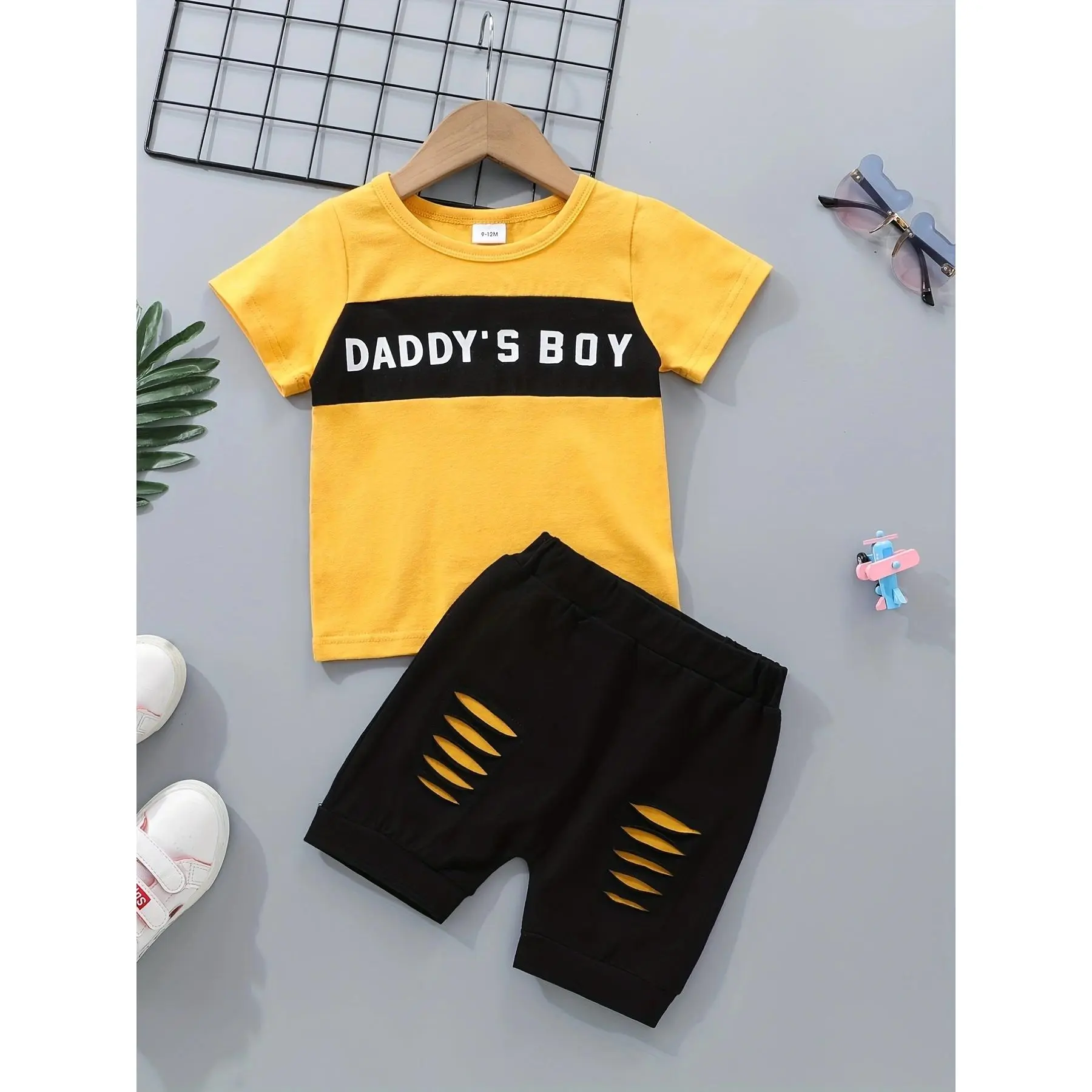 Baby boy clothes casual outfit-letter graphic print T-shirt & ripped shorts-outdoor play daddy's boy printed toddler boy clothes