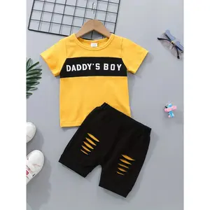 Baby boy clothes casual outfit-letter graphic print T-shirt & ripped shorts-outdoor play daddy's boy printed toddler boy clothes child