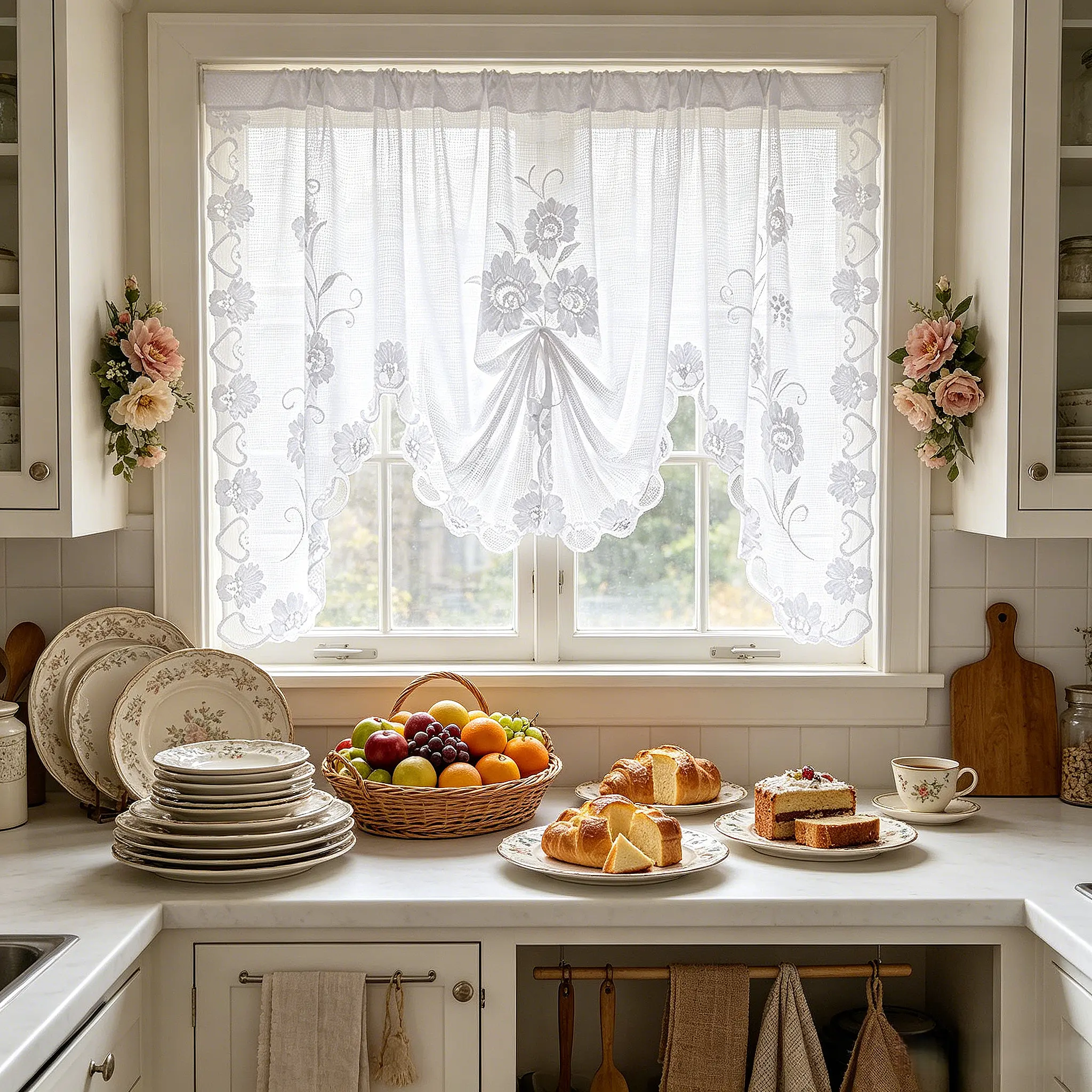 1 PC White Floral Lace Cafe Curtain Sheer Window Valance for Bathroom Dining Vintage Embroidery Swag Valance Knitted Tie Up Sheer Curtains Rod Pocket for Bathroom