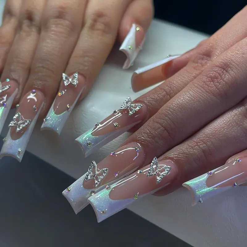 Butterfly Decor Glittering Fake Nails with Rhinestone Sparkle, Glitter Decorative Nails, Nail File & Tape, 24pcs Long Square Press on Nails for Women & Girls DIY Nail Art Design, Elegant Stick on Nails Kit