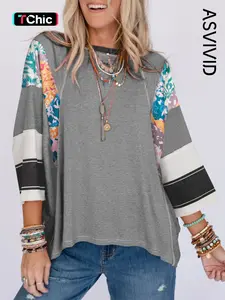 Women Long Sleeve Crewneck T Shirt Casual Loose Fit Color Block Soft Blouses Tunics Tops Fall Clothes