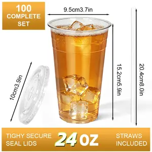 Plastic Cups 100 Pack 16oz 20oz 24oz Cold Drink Cups for Party Picnic Travel Sturdy with Tight Secure Seal Lids & Straws Included