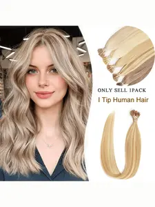 50pcs Brazilian Real Hair I Tip Extensions, Human Hair Extension, Straight Natural Color and Honey Blonde Keratin Beads, Medium Length for Stylish Looks