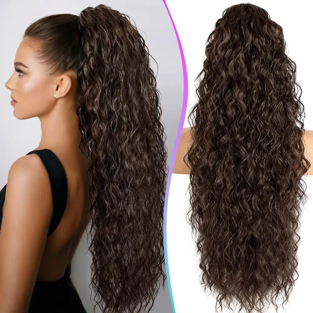 Claw Clip Ponytail Extension for women - 30" Long Curly Drawstring Ponytail Hair Extensions for Women, Strong Hold Fluffy Natural Looking Synthetic Hair Pieces for Women Daily Use(Dark Brown) hair extension synthetic  Colorful Heat-Resistant Tinsel Kit