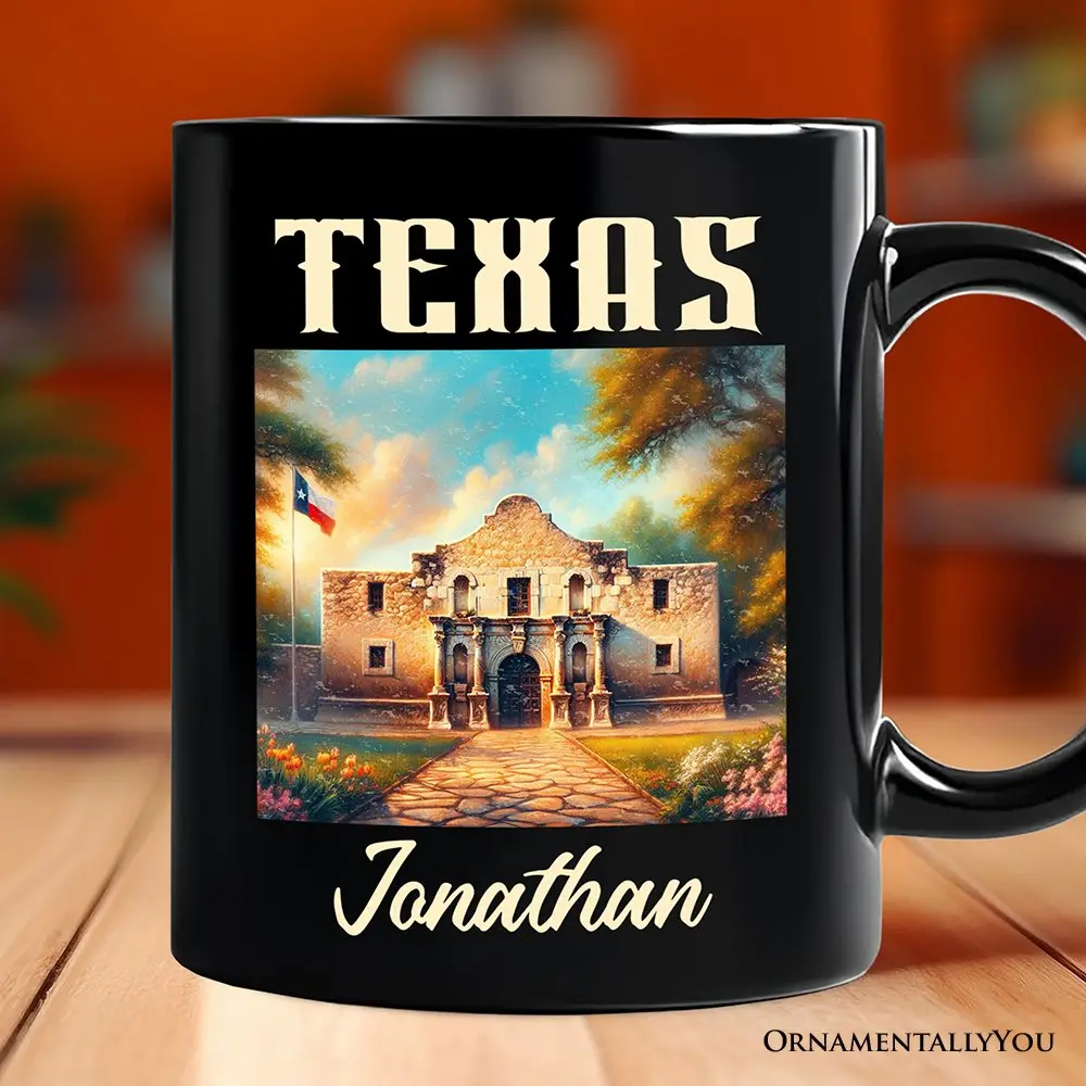 Rustic Texas State Alamo Personalized Mug, American Western Charm Gift and San Antonio Historical Souvenir with Custom Name