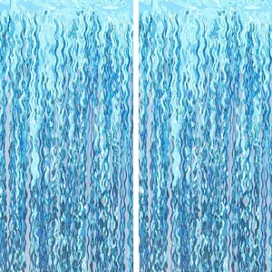 1pc, Wavy Tinsel Foil Streamer Fringe Backdrop Shimmer Wall Backdrop Teal Blue Backdrop For Mermaid Birthday, Under The Sea Party, Shark Birthday Decorations Party Decoration Supplies (3.2 Ft X 6.6 Ft)