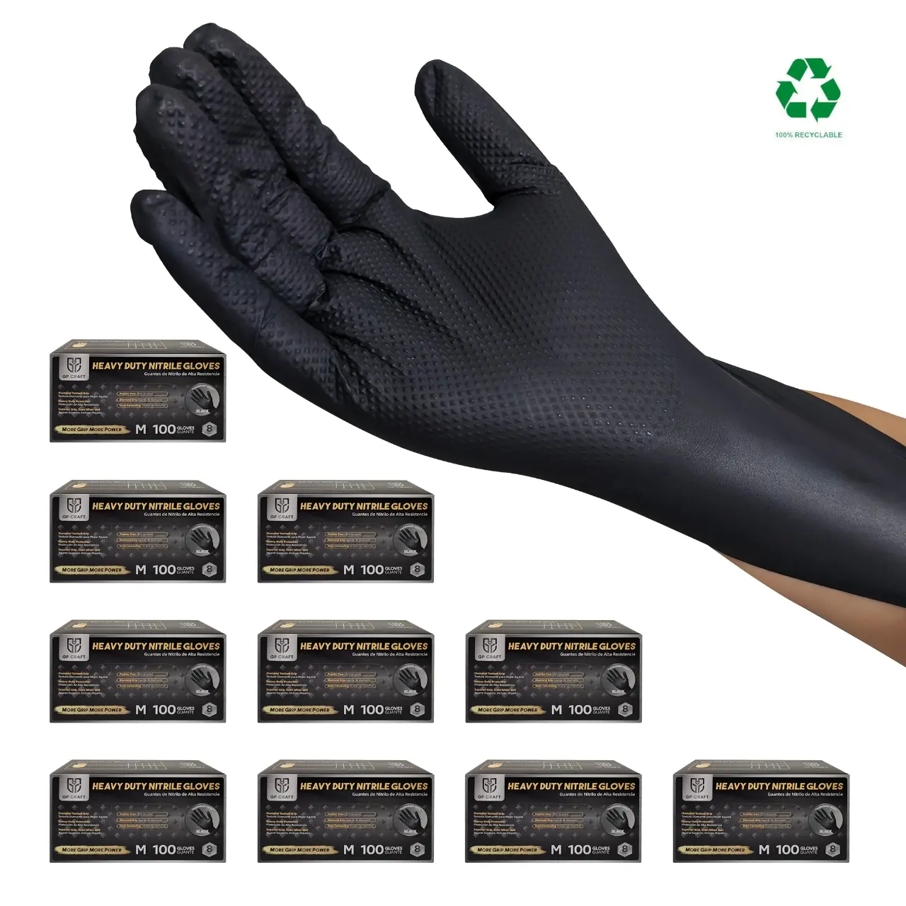 GP Craft Heavy Duty 8Mil Diamond Textured Black Nitrile Rubber Working Gloves - Rugged, Firm-Grip Protection Gloves for Automotive Work, Cleaning Tasks (Boxed), Black Nitrile Gloves