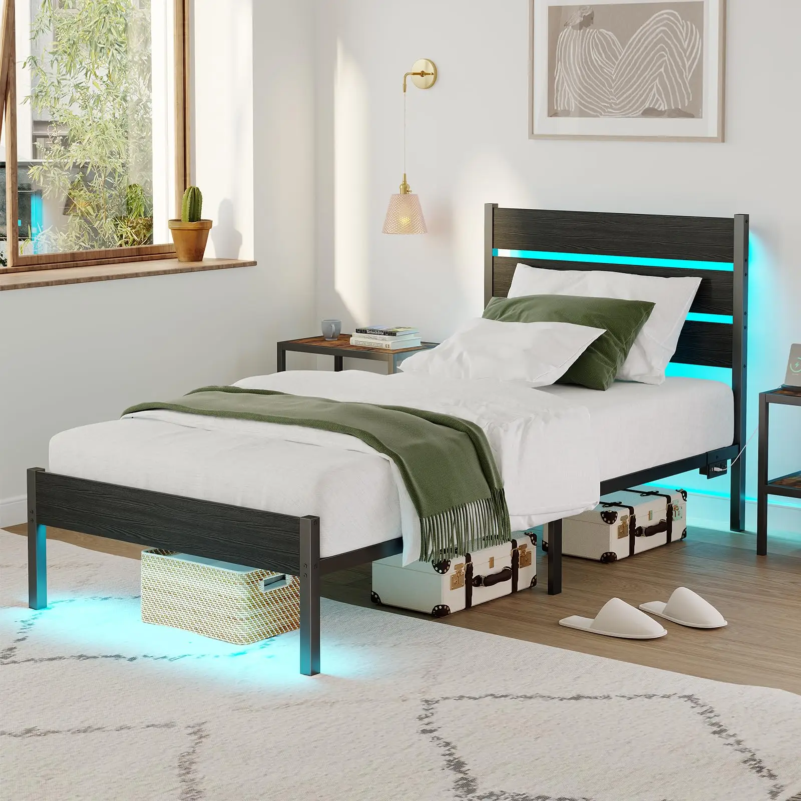CollaredEagle Twin/Full Bed Frame with Charging Station, LED Light Metal Bed Frame with Wooden Headboard, No Box Spring Required, No Noise, Easy Assem