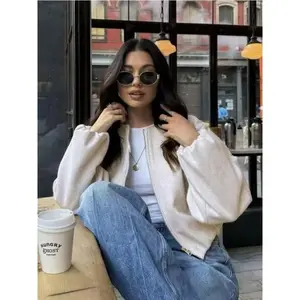 Women’s soft solid-color bomber jacket with long sleeves and zippered pockets; fall/winter outerwear; casual fashion coat for women; essential