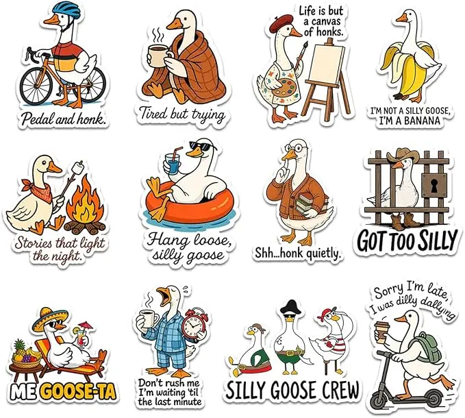 12pcs-Silly Goose Sticker Stickers Funny Animal Puns Humor Cute Gifts | Gifts For Goose Lovers Friends Teens Adults Ideal For Laptop Water Bottle Tumbler Notebook Journal Scrapbook Phone Cases Cars