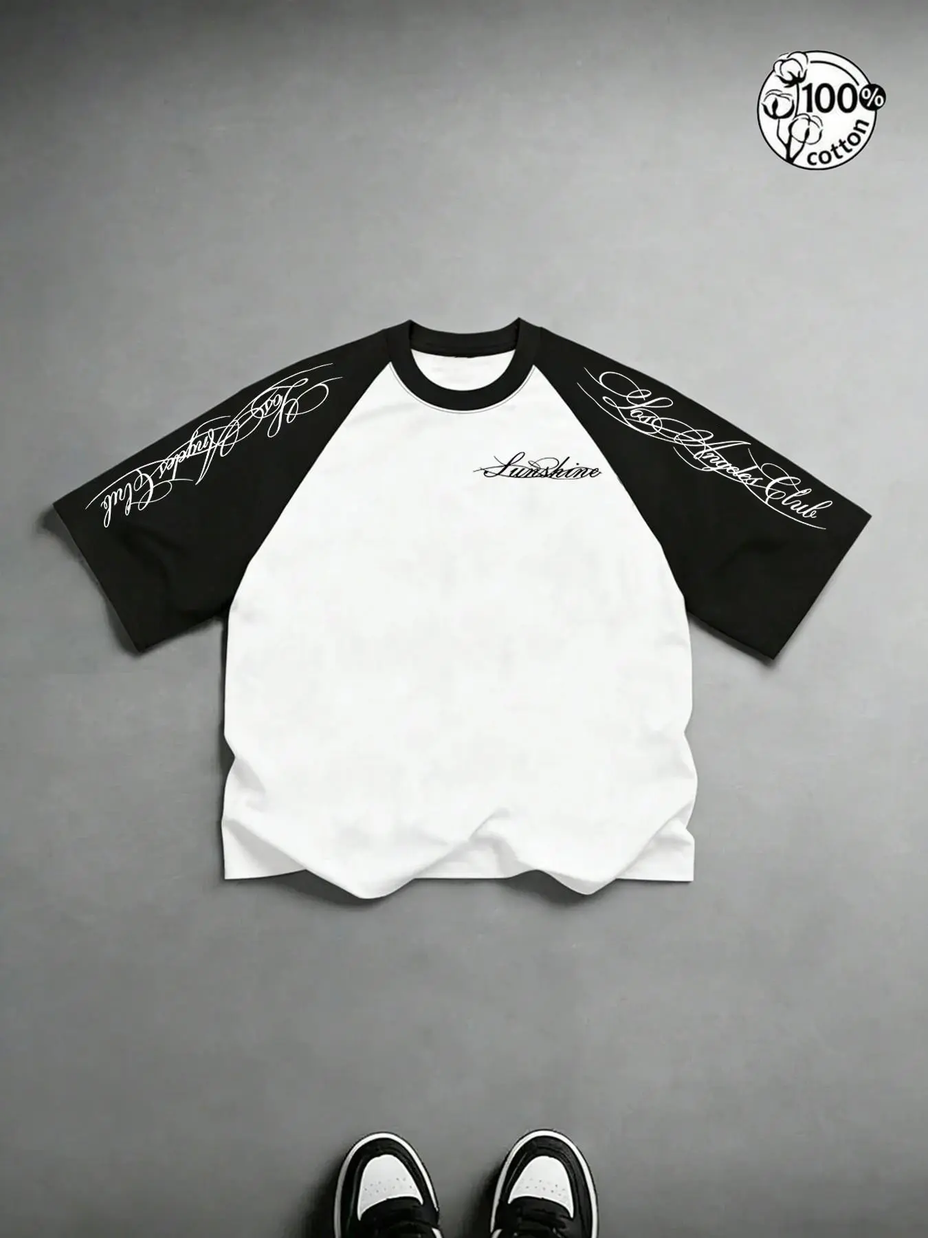 Unisex 100% Cotton Black & White Raglan Baggy Oversized T-Shirt | Chest & Sleeve Script Print Retro Streetwear Casual Trendy Tee Top