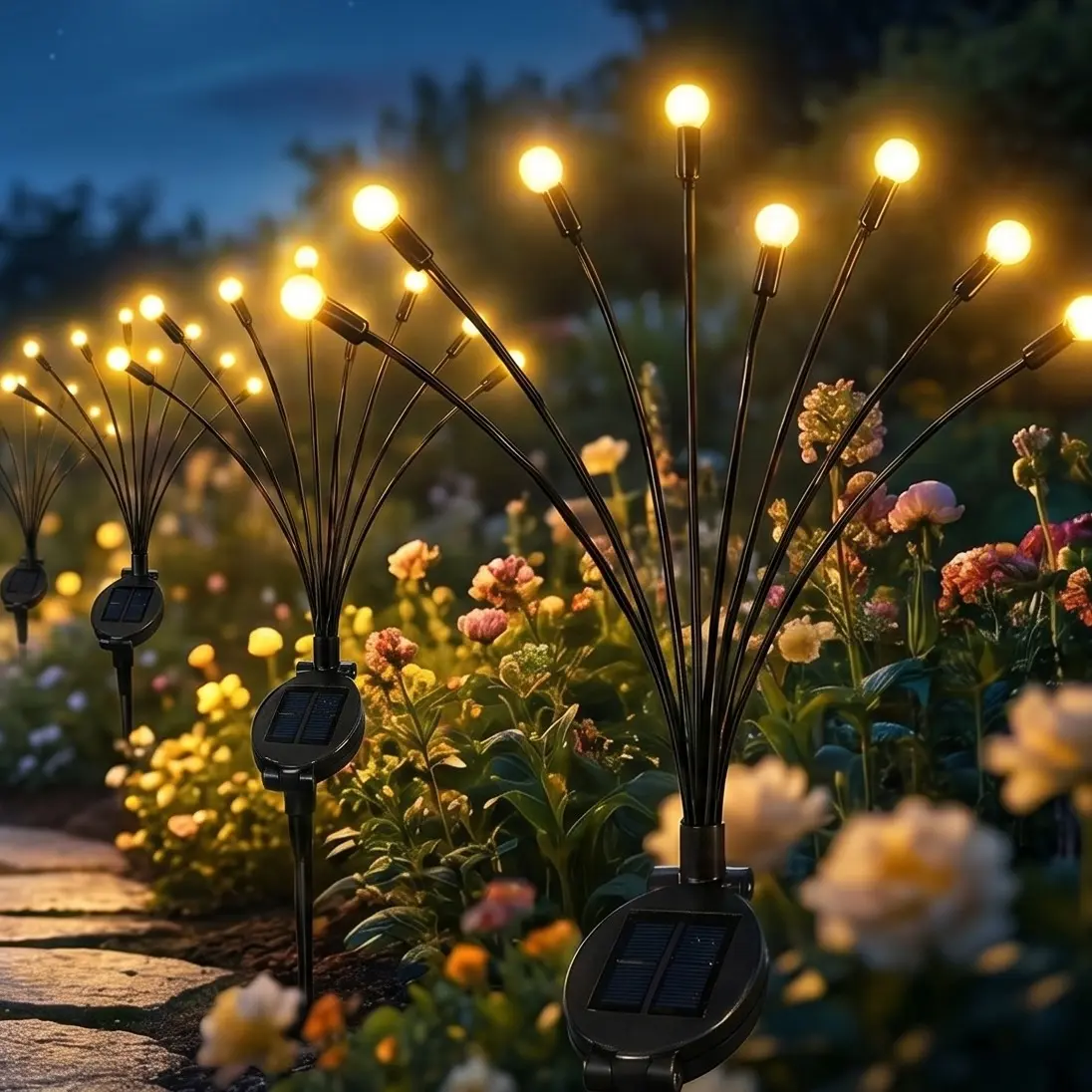 Solar Firefly Lights Outdoor, 2-PCS Warm White Swaying Garden Stake Lights, IP65 Waterproof Auto Dusk to Dawn, No Wires Easy Install for Yard Patio Pathway Landscape Decor