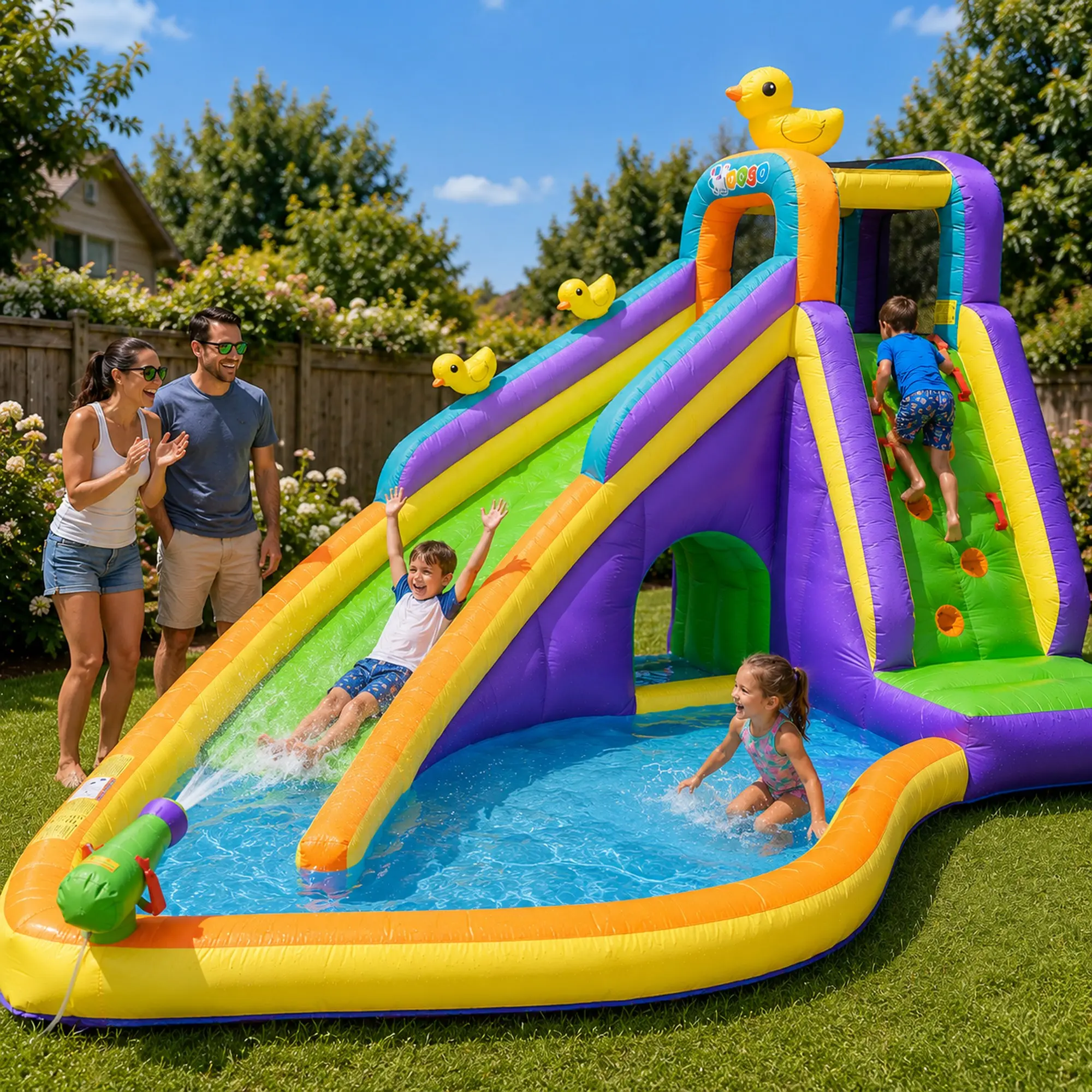 Pogo Bounce House Backyard Kids Inflatable Water Slide, Water Park with Splash Cannon and Pool, for Ages 3-10, Toddlers and Small Children