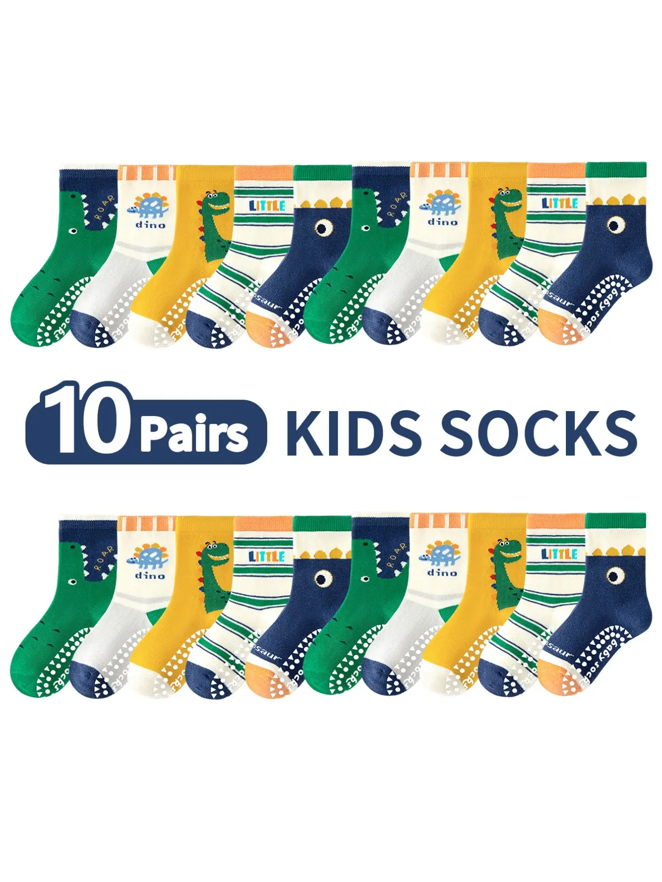 10 Pairs Kids Floor Socks Letter Stripe Glue Cartoon Big Eye Dinosaur Pattern Boys Girls Baby Infant Walking Soft Sole Indoor Non-Slip Mid-Calf Soft Comfy Hosiery Socks