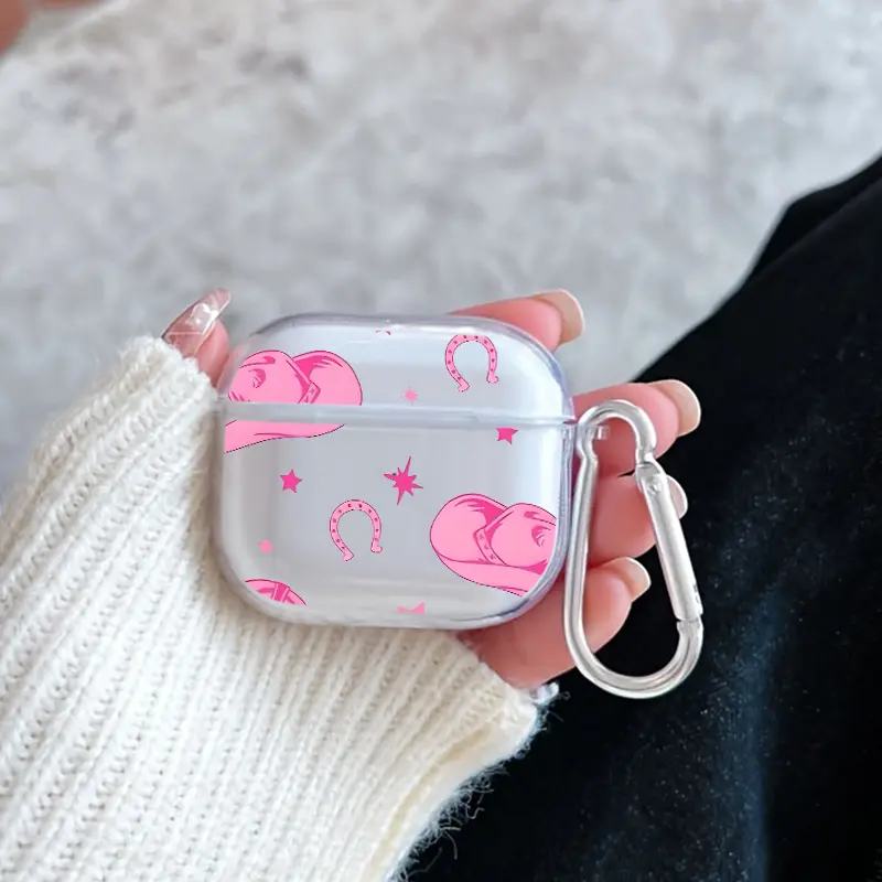 Pink Cowboy Dream Pattern TPU Soft Protective Case for Apple AirPods 4/3/2/1/Pro/Pro2 Transparent Earphone Cover with Keychain Attachment