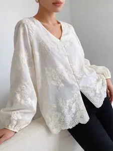 Elegant Women's Lady Embroidered Long Sleeve Shirt, Loose Fit Casual Top for Spring & Fall, Stylish Lightweight Blouse for Daily Wear, Womenswear