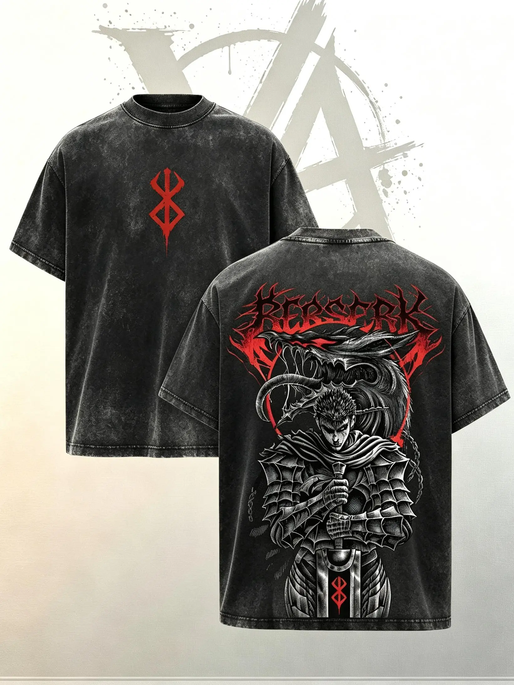 [AVT]Guts T-Shirt Berserk Anime Tee, black swordsman Vintage Washed Graphic T-Shirt dark fantasy streetwear & gymwear Pump Cover for Men 90s Graphic American Casual Short Sleeve Tee unisex retro lover,manga movie|Oversized Vintage Anime acid wash T-Shirt