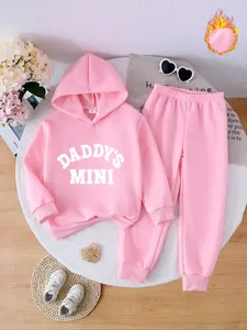 Toddler Girls' Fleece Hoodie & Pants Set, Letter Print, Windproof Warmth, Casual Fit, Soft Fabric, Fall Winter Fashion, Children, Baby Clothes Girl