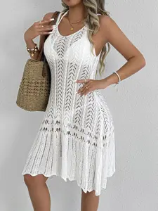 Summer Women's Sheer Crochet Halter Neck Dress, Sleeveless Openwork Breathable Lightweight Stretchy Knit Dress, Slimming A-Line Scalloped Hem Midi Dress, Bikini Swimsuit Cover Up, Beachwear Cover Up, Boho, Beach Vacation Casual Sundress for Women