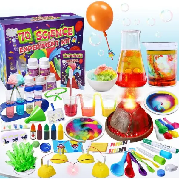 Summer Spring Gift 70 Lab Experiments Science Kit for Kids featuring fun STEM activities like erupting volcano, fruit circuits, and basic chemistry experiments. Educational science toy for boys and girls, perfect for birthdays and hands-on learning fun.