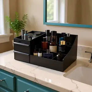 Men's Luxurious Black Storage Box - 7 Compartments & 2 Extra Deep Drawers, Water-Resistant & Washable, Ideal for Skincare, Perfumes, & Shaving Supplies, Perfect Gift for Him