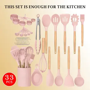 Kitchen Knife Set with Heat-Resistant SiliconeUtensils and Wooden Handles ldeal Gift forWomen on New Year, Valentine's Day 33-PieceSilicone Cooking Utensils Kitchen Utensils Set446 °Heat-resistant Spatula Clip for Heat-resistant Cookware