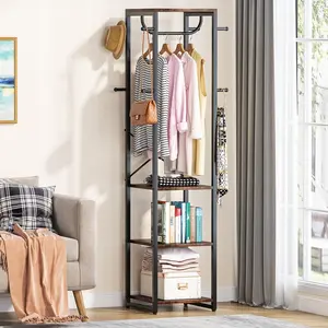 LITTLE TREE Coat Rack Freestanding with Shelves, Industrial Hall Tree with 4 Shelves and 8 Hooks, Standing Small Clothes Rack Closet Organizer for Entryway, Bedroom