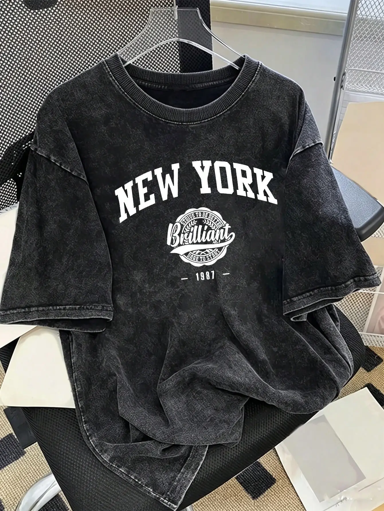 Vintage New York Brilliant 1987 Varsity Seal T-Shirt, Washed Black Cotton Oversized Short Sleeve Tee, Retro NYC 1980s Casual Crewneck Shirt