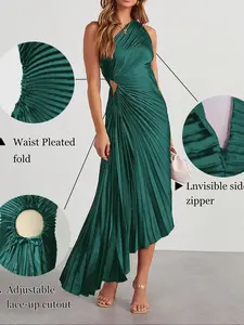 Women's Solid Color Pleated Maxi Dress One Shoulder Asymmetrical Neck Side Waist Cutout Accordion Pleats Full Skirt Satin Fabric Sleeveless A Line High Waist Draped Design Cocktail, Evening Party Dresses, Formal Wear Dress