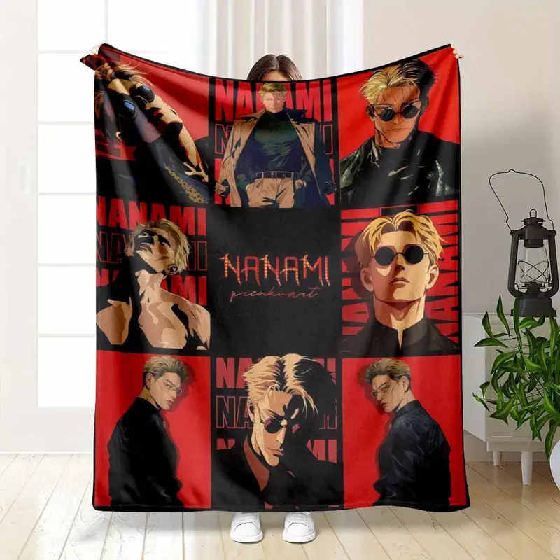 Jujutsu Kaisen Nanami Kento Flannel Blanket Bold Red and Black Grid Character Collage Illustration Soft Warm Cozy Lightweight Throw Ideal for Sofa Bedroom Office Travel Gift Decor Use summerwins