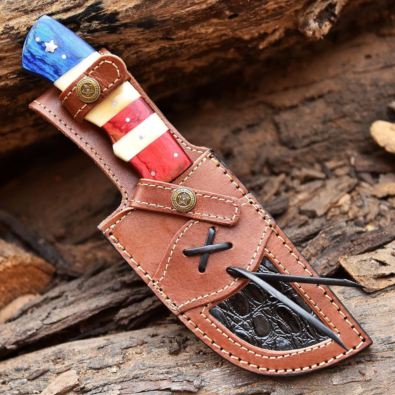 Damascus Steel Knife - Full Tang Bushcraft Knives - Knife for Camping