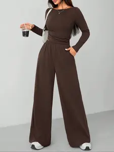 Women's Casual Long Sleeve Top & Wide Leg Pants Sporty Set, Comfortable Two-Piece Ensemble for Daily Wear, Sports Clothing Set, Athleisure Wear Set