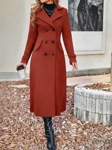 A long women's clothing lapel design double-row black button classic atmospheric Aesthetic Fitted tweed coat, suitable for autumn and winter, workplace commuting or autumn and winter formal occasions.