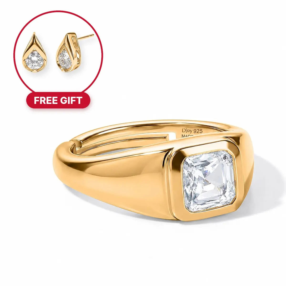 D'Joy Signet Ring - 18K Gold Plated Sterling Silver Adjustable Pinky Ring | Unisex | Genuine Asscher Gemstone | Trendy Stackable Jewelry