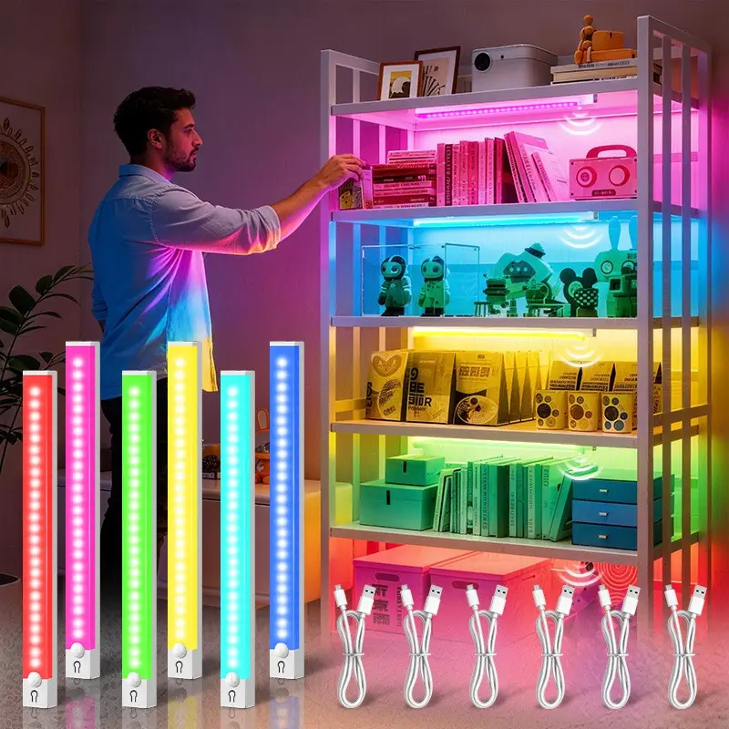 3/6pcs RGB Mood Cabinet Light, Rechargeable Magnetic LED Motion Sensor Light, Multi-Color Adjustable, Wireless Cabinet and Wardrobe Lighting, USB-Powered with Lithium Battery, Magnetic Mounting for No Drilling or Wiring, Adjustable Lights