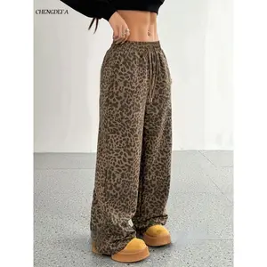 CHENGDEFA Women's Leopard Baggy Wide Leg Sweatpants Drawstring High Waisted Cheetah Print Lounge Barrel Trousers with Pockets Bottoms Womenswear