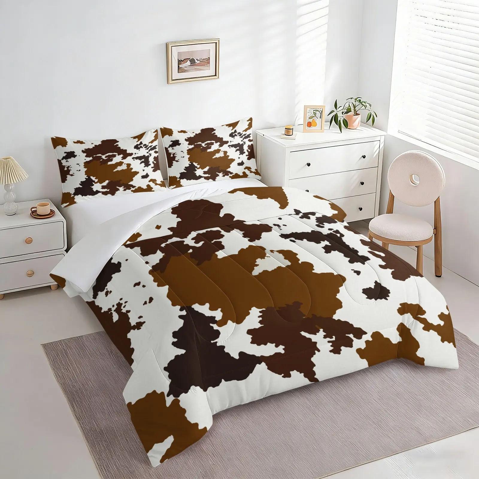 2/3Pcs Brown Cow Print Comforter Set, Western Farmhouse Quilt Bedding Set with Pillowcases, Neutral Cowhide Pattern Bedding for Rustic Bedroom, Soft All-Season Decor for Teens & Adults