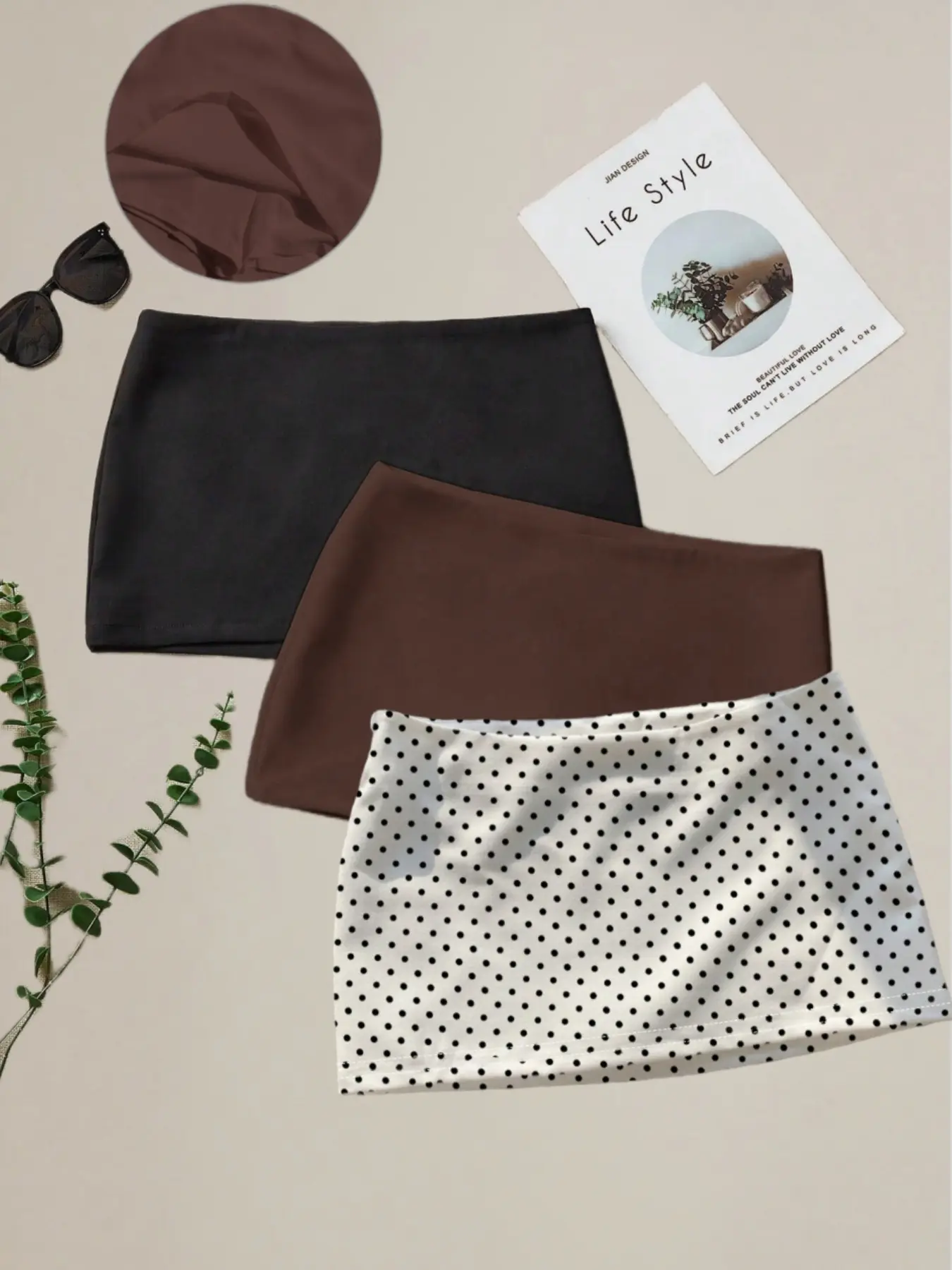 Fashionable Solid Color & Polka Dot Mini Skirt with Built-in Shorts, 3-Piece Set for Summer, Stylish Casual Commuter Bottoms for Women