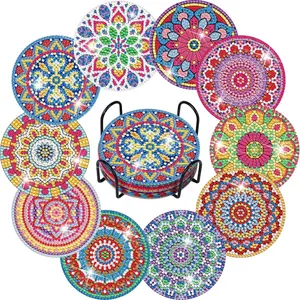 10 piece Mandala Diamond Painting Coaster Set with Bracket, Adult DIY Crafts, Birthday, Wedding, Party, Christmas Gifts