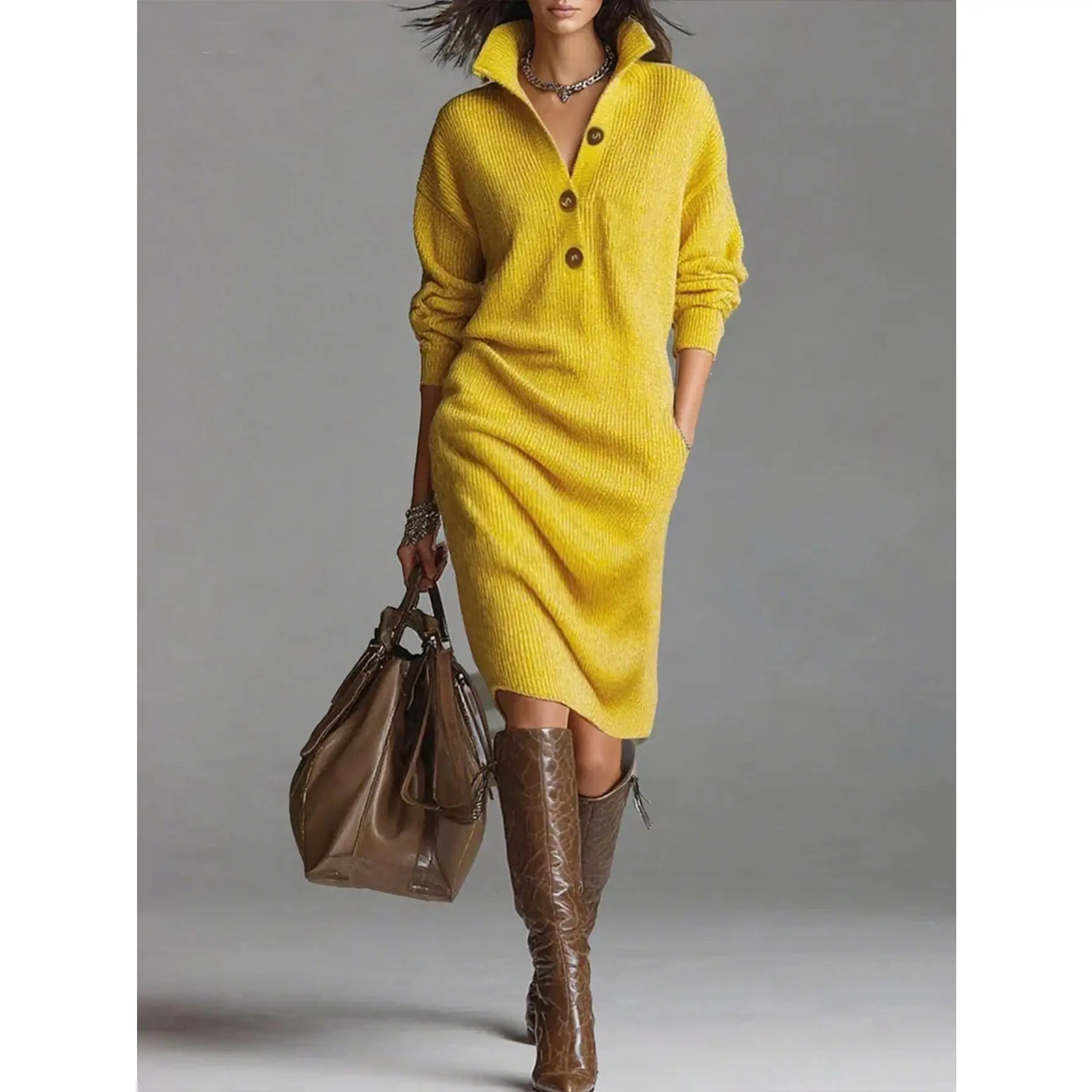 Women's Elegant Polo Collar Polyester Knit Sweater Dress - Solid Button-Front Sheath Fit, Wrinkle-Resistant for Casual and Semi-Formal Occasions