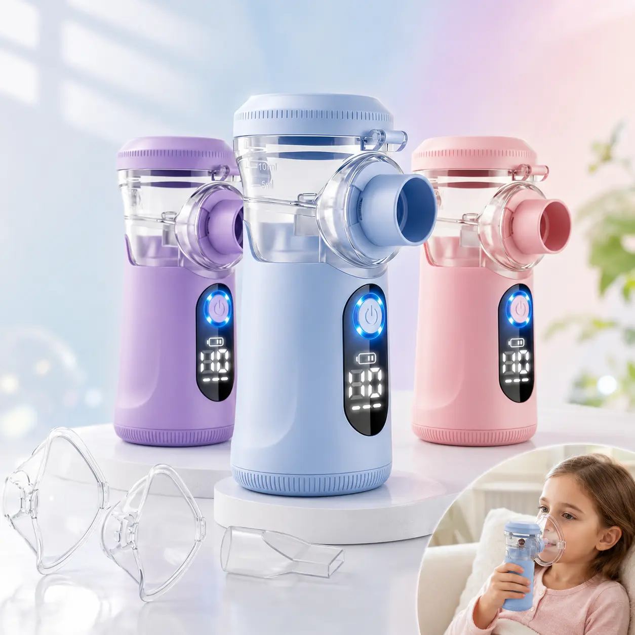 Portable Mesh Nebulizer - Smart Digital Display, Handheld Type-C Rechargeable, 1-Button Control, Auto-Cleaning, Adult & Child Masks, Mouthpiece, Quiet Compact, Multiple Colors for Home & Travel