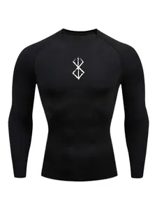 Men's Sporty Long Sleeve Compression Shirt, Quick-Dry Sweat-Wicking Round Neck Top, High Stretch Polyester Elastane Blend, Ideal for Running & Gym, Casual Sporty Top, Athletic Compression Shirts