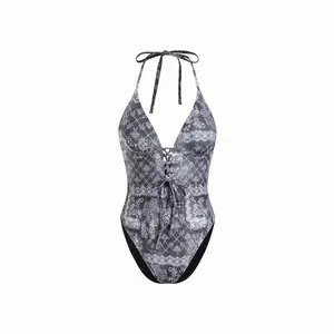 Cider Tile Halter Neckline Lace Up High Stretch One Piece Swimsuit
