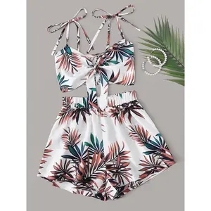 Women's Leaf Print Crop Top & Shorts Set, Casual Fashion Two-piece Set for Beach Vacation Holiday, Ladies Summer ClothesGift