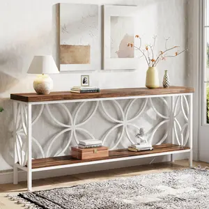 Tribesigns Multi-Functional Behind Sofa Table with Storage, Tribesigns Industrial Long Entry Console Table, Vintage Wood Grain and Black Metal Legs, 70.9-Inch, Walnut/White