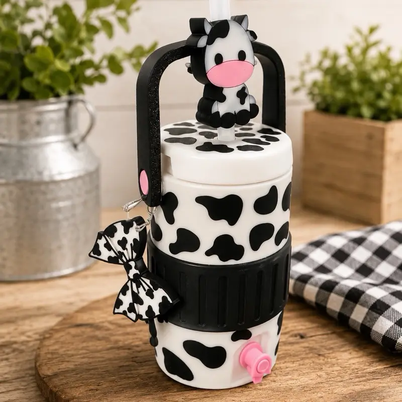 Cow Print 6 oz Mini Can Cozy with Cow Straw Topper & Matching Bow Charm | 3D Printed Drink Holder