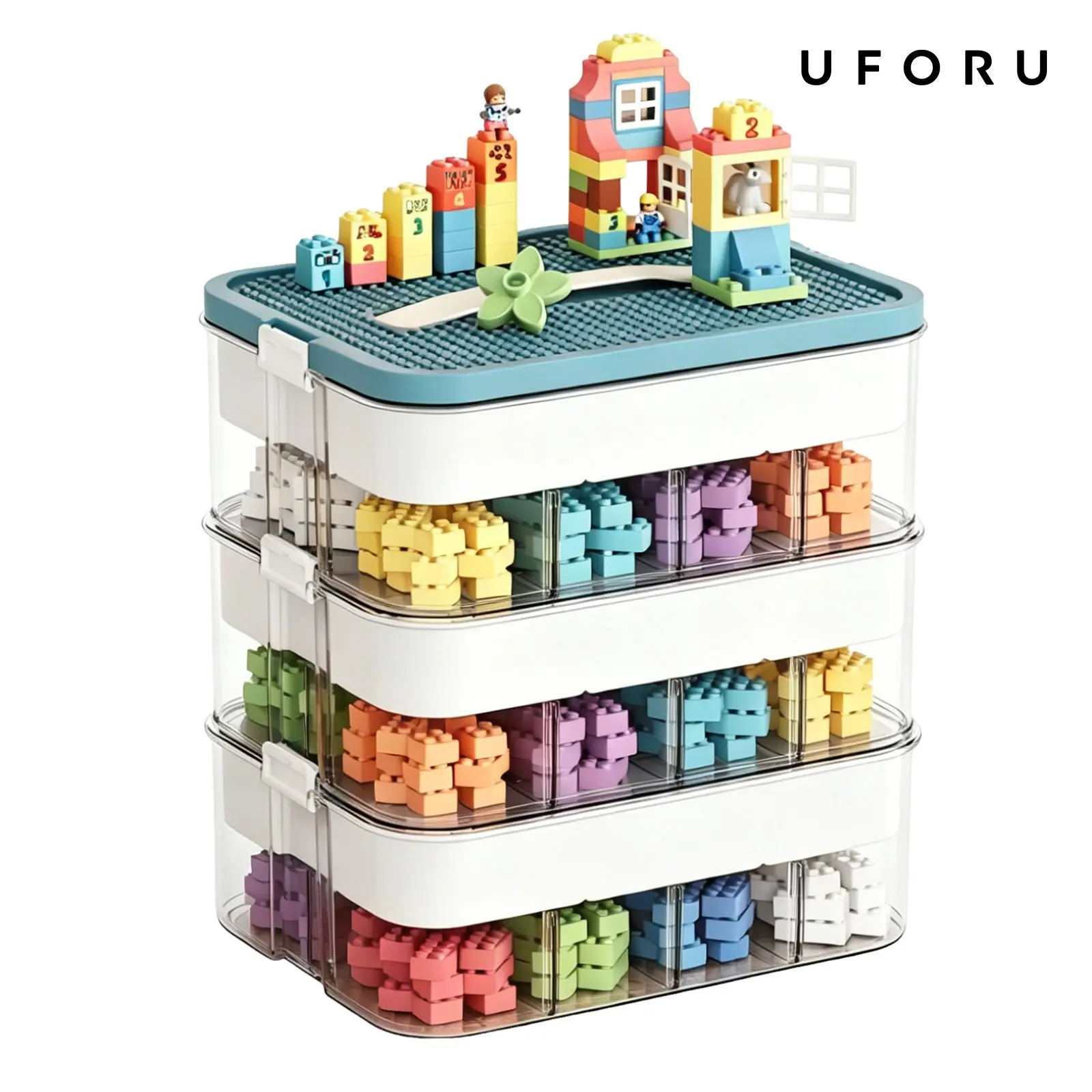 UFORU 3-Tier Plastic Stackable Cube Organizer Storage Box with Lid & Adjustable Dividers, 3-Tiered Container Storage Solutions for Children’s Small Building Bricks & Tiny Toy Parts, Three Tiered